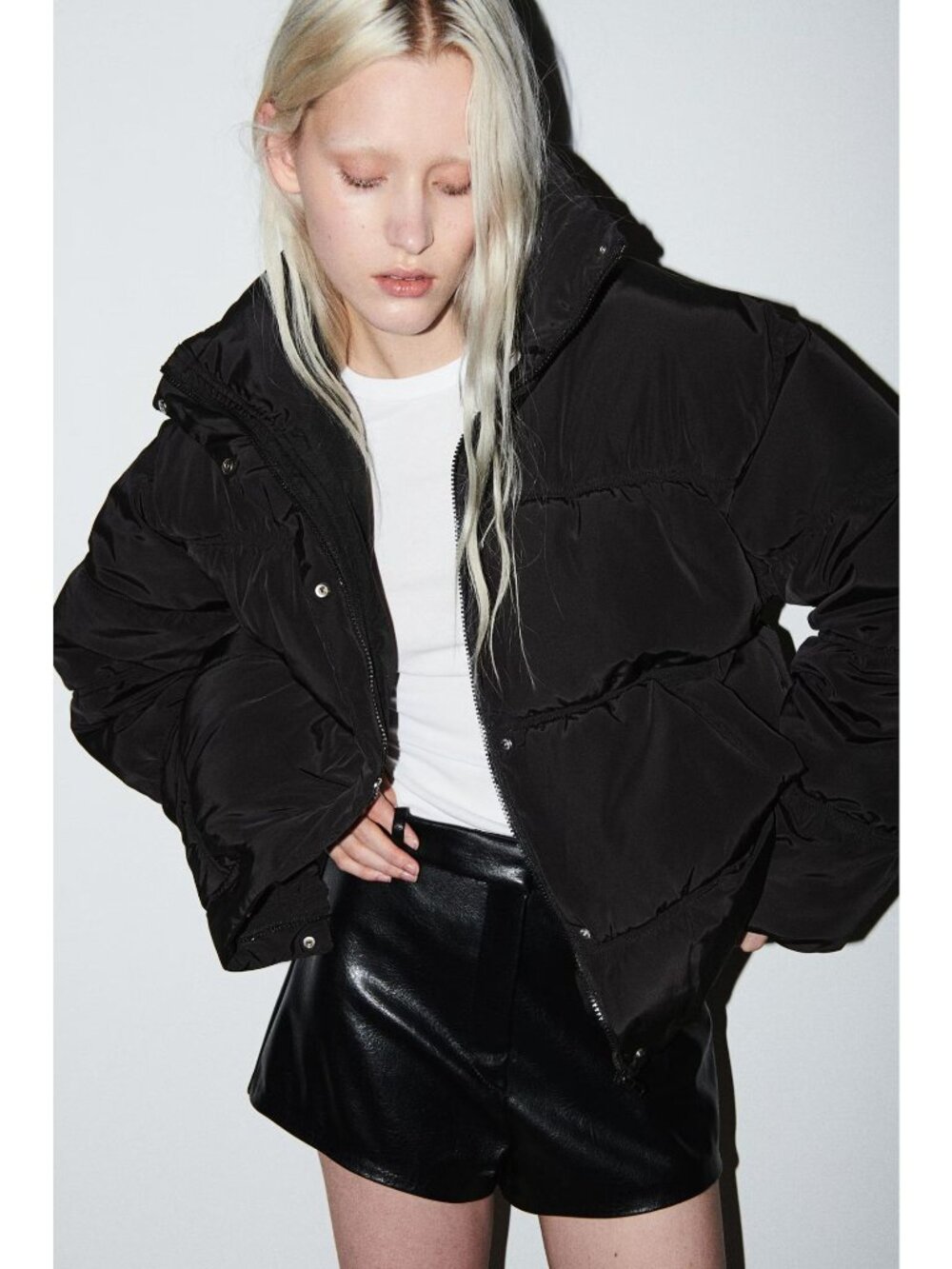 H&M Black Quilted Puffer Jacket Loose-Fit Stand-Up Collar